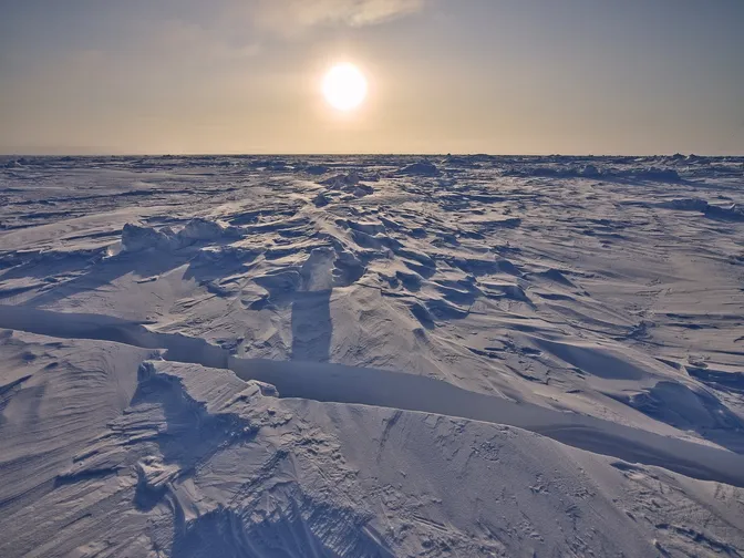 Eine Aufnahme einer arktischen Landschaft mit untergehender Sonne am Beginn der Dämmerung. Es sind große Schnee und Eisflächen zu sehen, die sich bis zum Horizont erstrecken. Der Horizont ist der weit und das Bild leuchtet in sanften Tönen.